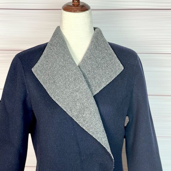 Talbots Felted Wool Navy Blue and Gray Jacket Open Front Wing Collar Pockets L - Picture 5 of 10